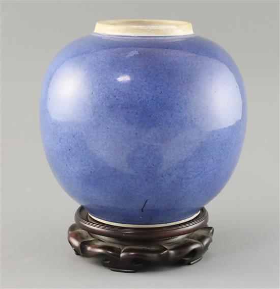 A Chinese powder blue globular jar, Kangxi period, H. 19cm, wood stand